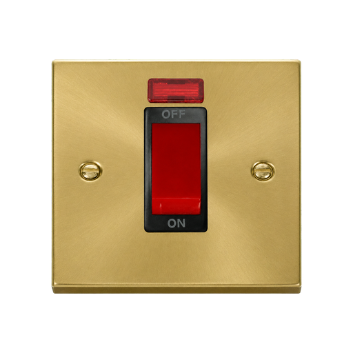 Front view of Click Deco Satin Brass 45A Cooker Switch with Neon
