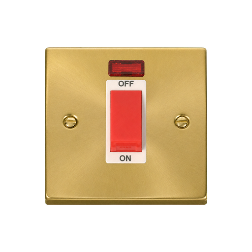 Front view of Click Deco Satin Brass 45A Cooker Switch with Neon