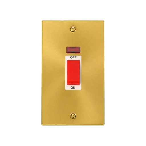 Front view of Click Deco Satin Brass 45A Cooker Switch with Neon
