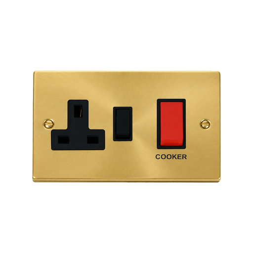 Front view of Click Deco Satin Brass 45A Cooker Switch with 13A Socket