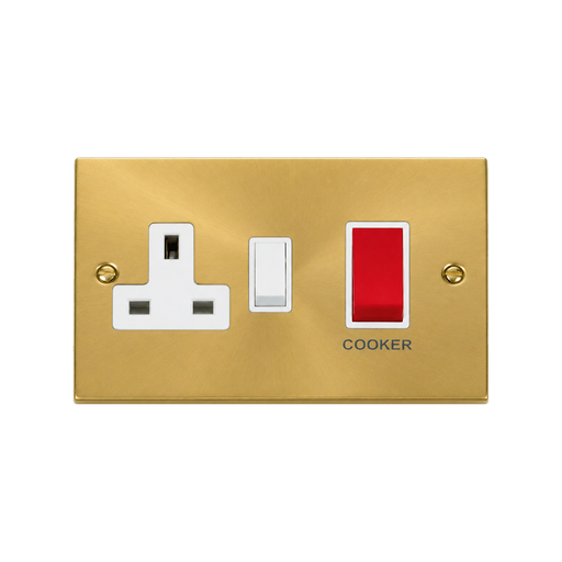 Front view of Click Deco Satin Brass 45A Cooker Switch with 13A Socket