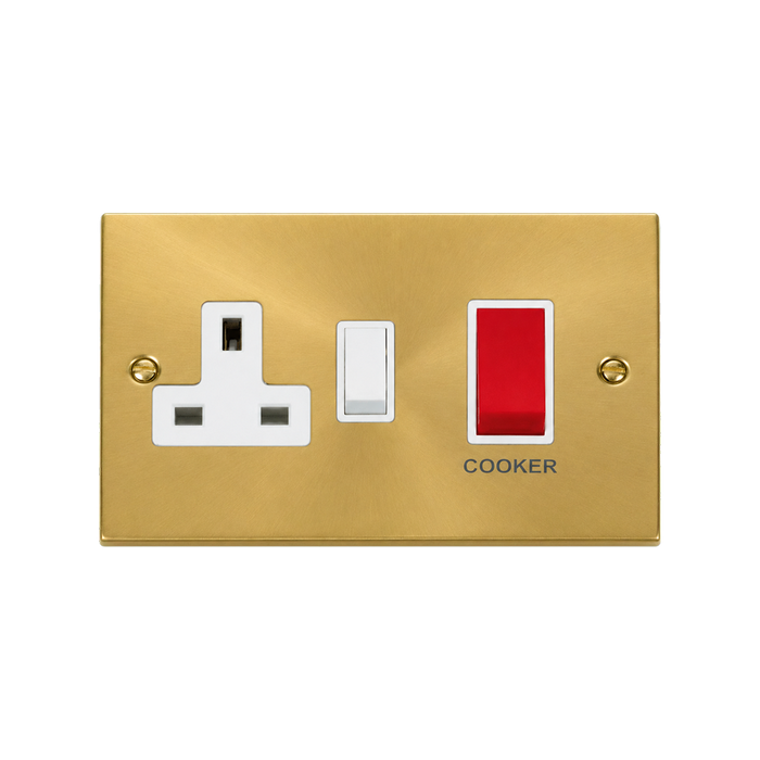 Click Deco Satin Brass 45A Cooker Switch with 13A Socket VPSB204WH