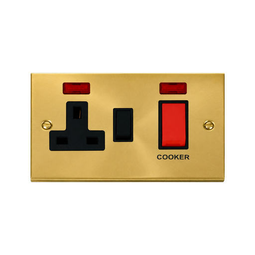 Front view of Click Deco Satin Brass 45A Cooker Switch with 13A Socket
