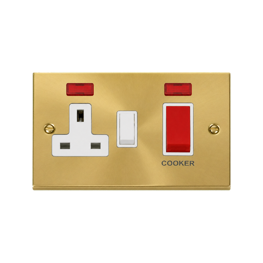 Front view of Click Deco Satin Brass 45A Cooker Switch with 13A Socket