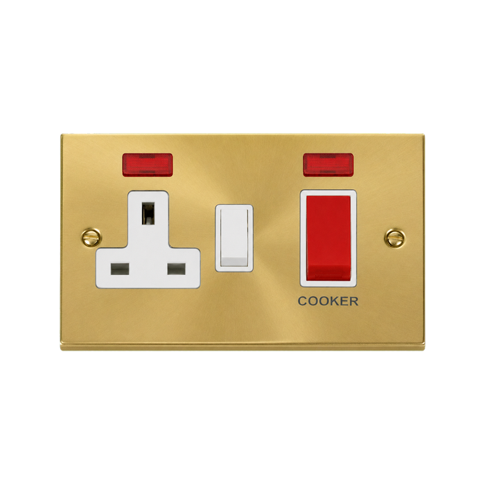 Click Deco Satin Brass 45A Cooker Switch with 13A Socket VPSB205WH