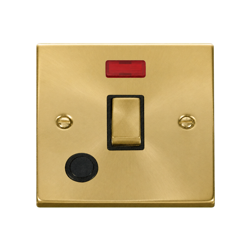 Front view of Click Deco Satin Brass 20A Double Pole Switch with Neon and Flex
