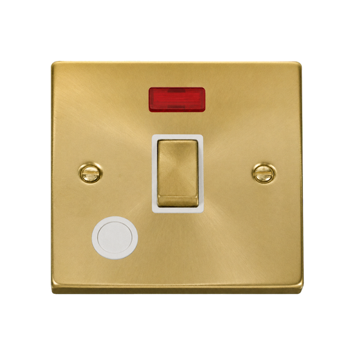 Front view of Click Deco Satin Brass 20A Double Pole Switch with Neon and Flex
