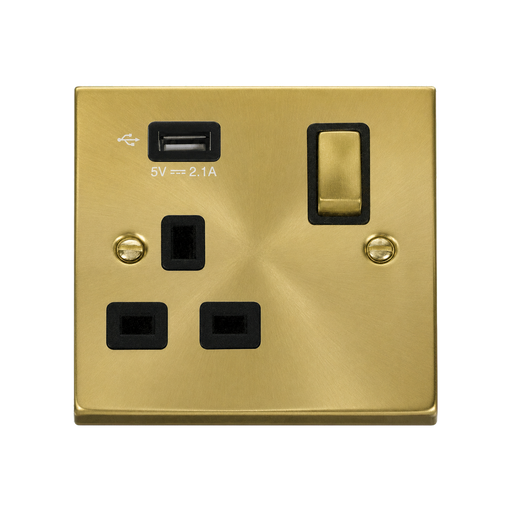 Front view of Click Deco Satin Brass 13A Single USB Socket