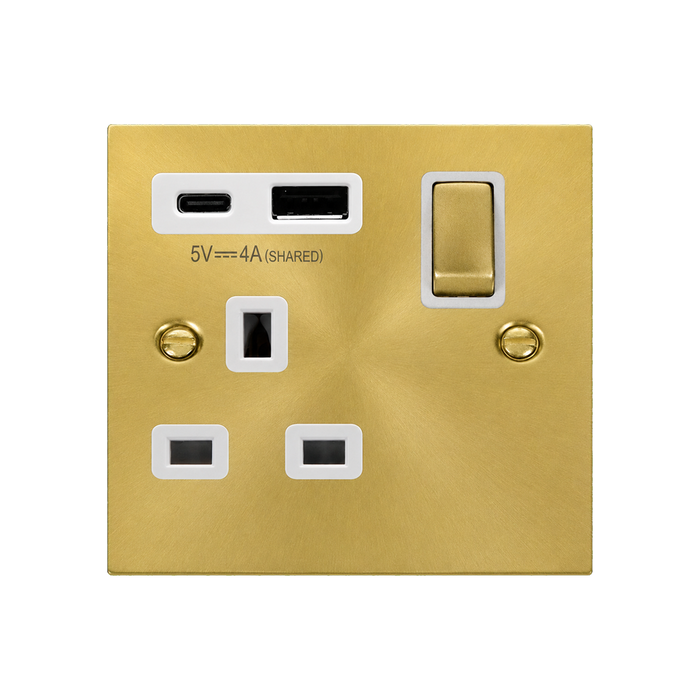 Click Deco Satin Brass 13A Single A+C USB Socket VPSB585WH