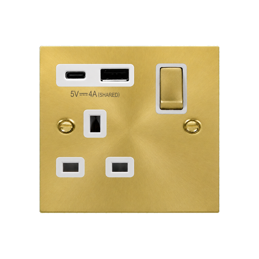 Front view of Click Deco Satin Brass VPSB585WH 13A Single A+C USB Socket