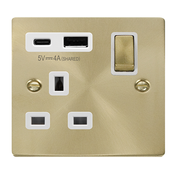 Click Deco Satin Brass 13A Single A+C USB Socket VPSB585WH