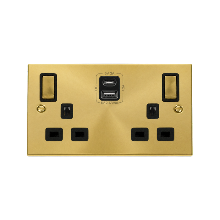 Click Deco Satin Brass 13A Double A+C USB Socket VPSB586BK