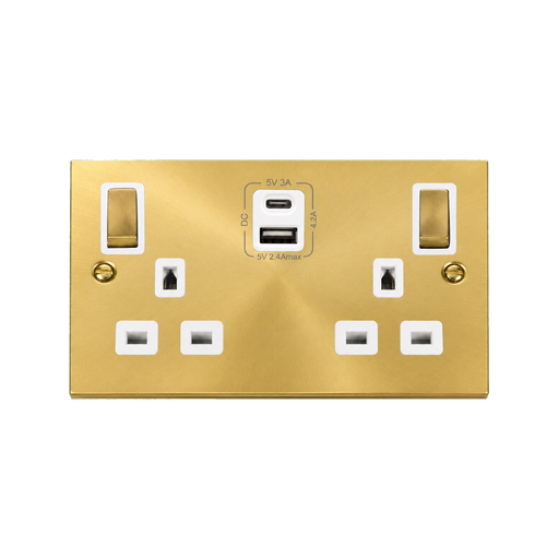 Front view of Click Deco Satin Brass 13A Double A+C USB Socket