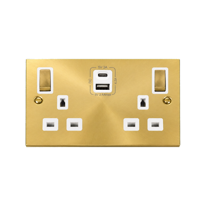 Click Deco Satin Brass 13A Double A+C USB Socket VPSB586WH