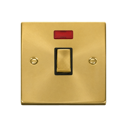 Front view of Click Deco Satin Brass 20A Double Pole Switch with Neon