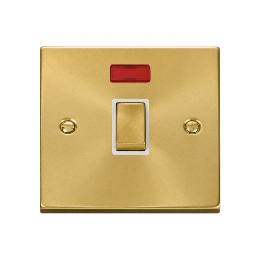 Front view of Click Deco Satin Brass 20A Double Pole Switch with Neon