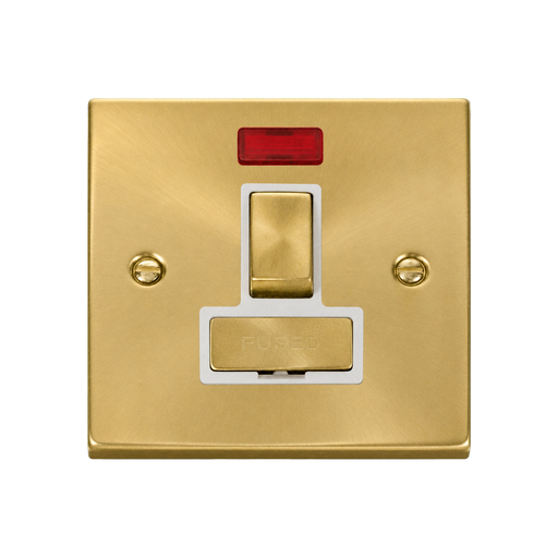 Front view of Click Deco Satin Brass 13A Switched Spur with Neon