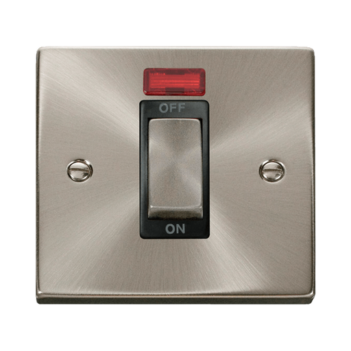 Front view of Click Deco Satin Chrome 45A Cooker Switch with Neon