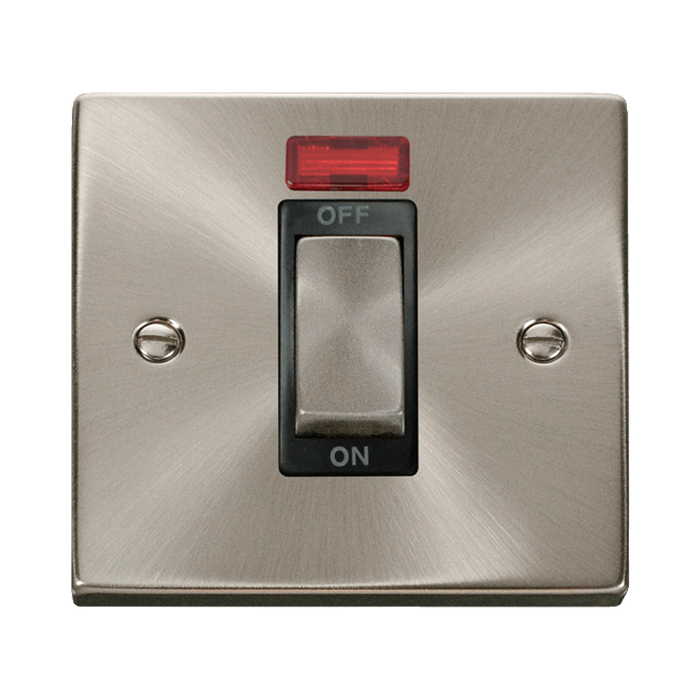 Front view of Click Deco Satin Chrome 45A Cooker Switch with Neon