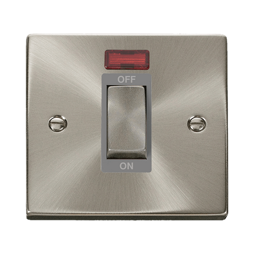 Front view of Click Deco Satin Chrome 45A Cooker Switch with Neon