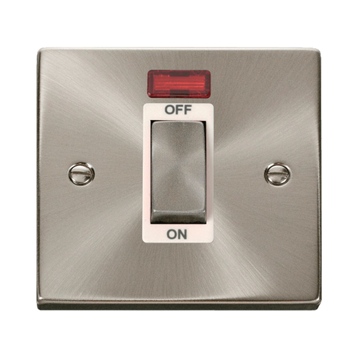 Front view of Click Deco Satin Chrome 45A Cooker Switch with Neon