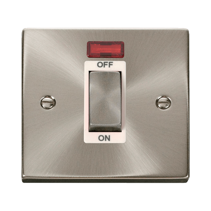 Front view of Click Deco Satin Chrome 45A Cooker Switch with Neon