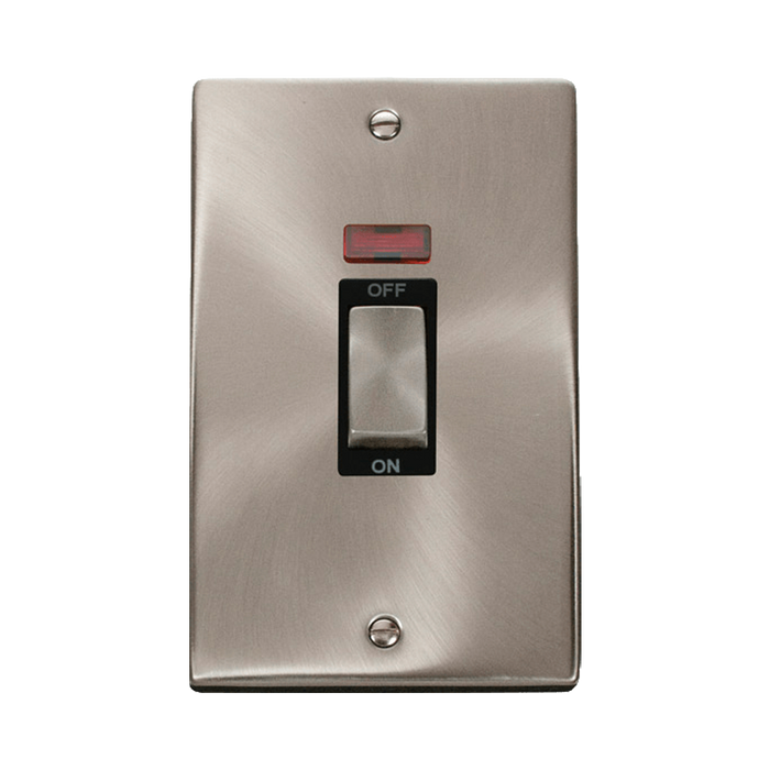 Front view of Click Deco Satin Chrome 45A Cooker Switch with Neon