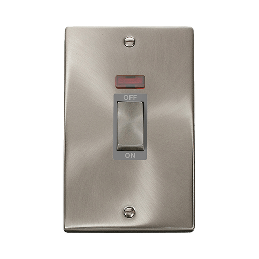 Front view of Click Deco Satin Chrome 45A Cooker Switch with Neon