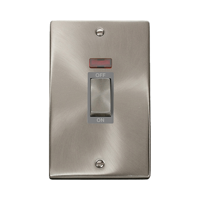 Front view of Click Deco Satin Chrome 45A Cooker Switch with Neon