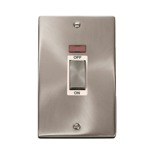 Front view of Click Deco Satin Chrome 45A Cooker Switch with Neon