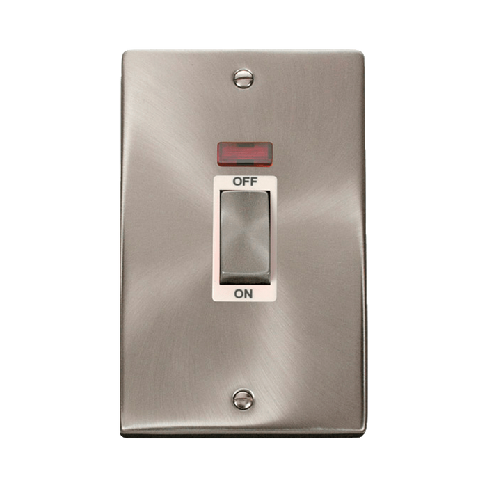 Front view of Click Deco Satin Chrome 45A Cooker Switch with Neon