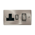 Front view of Click Deco Satin Chrome 45A Cooker Switch with 13A Socket