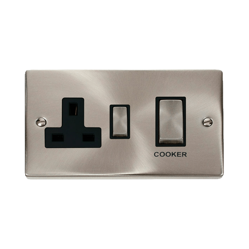 Front view of Click Deco Satin Chrome 45A Cooker Switch with 13A Socket