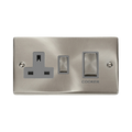Front view of Click Deco Satin Chrome 45A Cooker Switch with 13A Socket