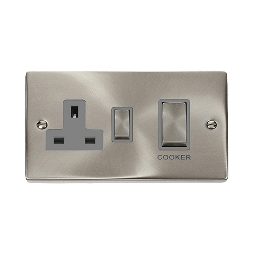 Front view of Click Deco Satin Chrome 45A Cooker Switch with 13A Socket