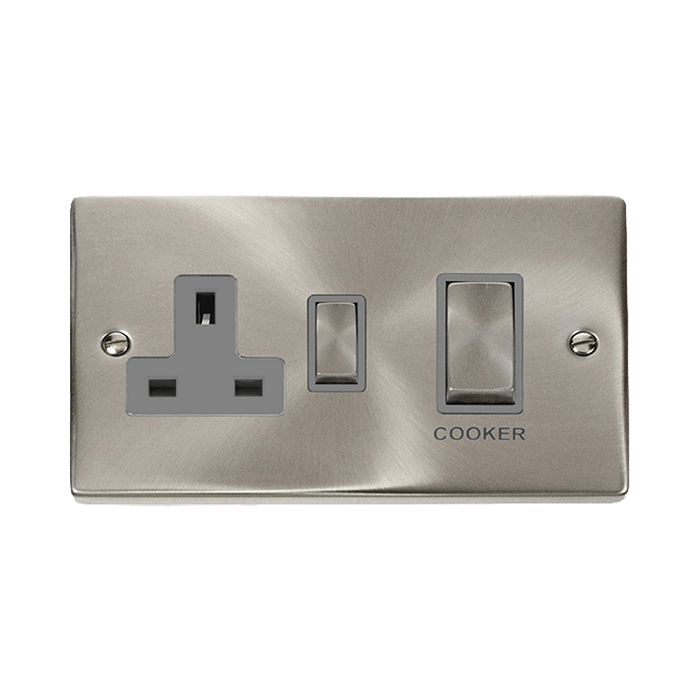 Front view of Click Deco Satin Chrome 45A Cooker Switch with 13A Socket