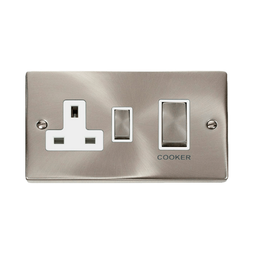 Front view of Click Deco Satin Chrome 45A Cooker Switch with 13A Socket