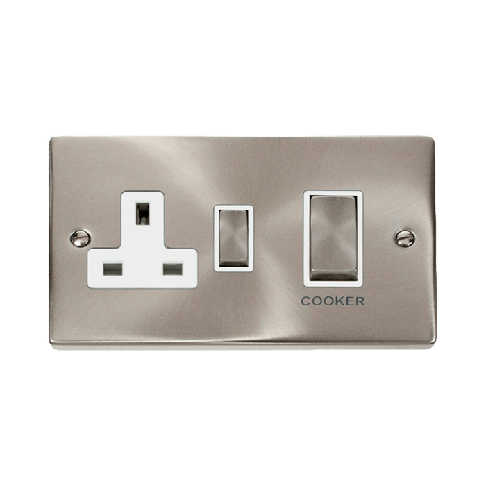 Front view of Click Deco Satin Chrome 45A Cooker Switch with 13A Socket