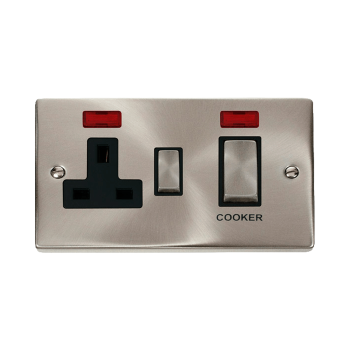 Front view of Click Deco Satin Chrome 45A Cooker Switch with 13A Socket