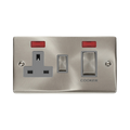 Front view of Click Deco Satin Chrome 45A Cooker Switch with 13A Socket