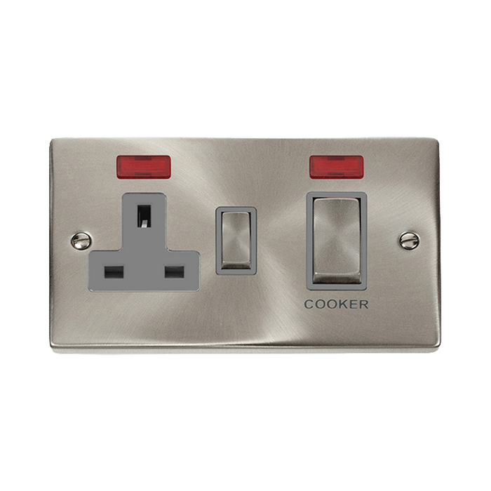 Front view of Click Deco Satin Chrome 45A Cooker Switch with 13A Socket