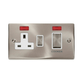 Front view of Click Deco Satin Chrome 45A Cooker Switch with 13A Socket