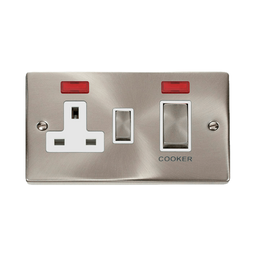 Front view of Click Deco Satin Chrome 45A Cooker Switch with 13A Socket