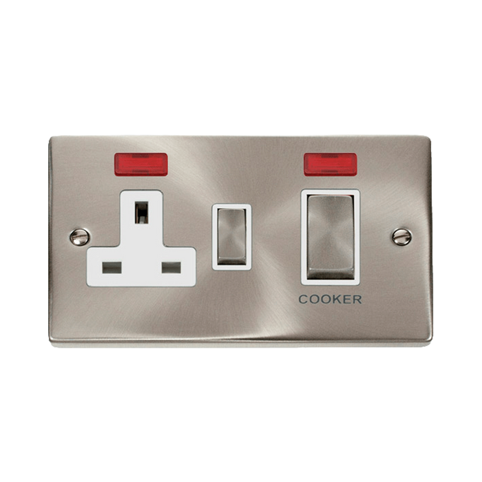 Front view of Click Deco Satin Chrome 45A Cooker Switch with 13A Socket
