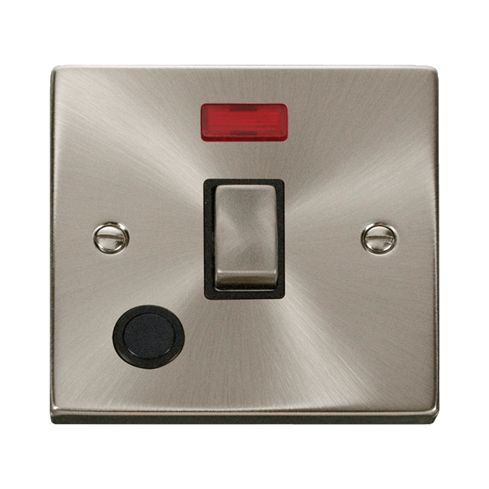 Front view of Click Deco Satin Chrome 20A Double Pole Switch with Neon and Flex