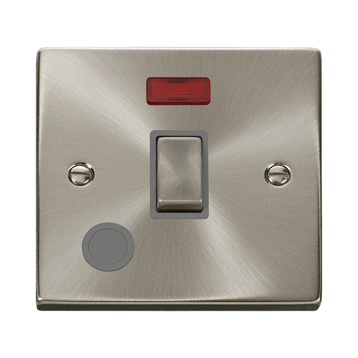Front view of Click Deco Satin Chrome 20A Double Pole Switch with Neon and Flex
