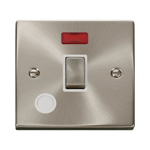 Front view of Click Deco Satin Chrome 20A Double Pole Switch with Neon and Flex