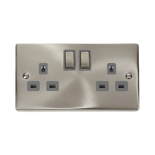 Front view of Click Deco Satin Chrome 13A Double Socket