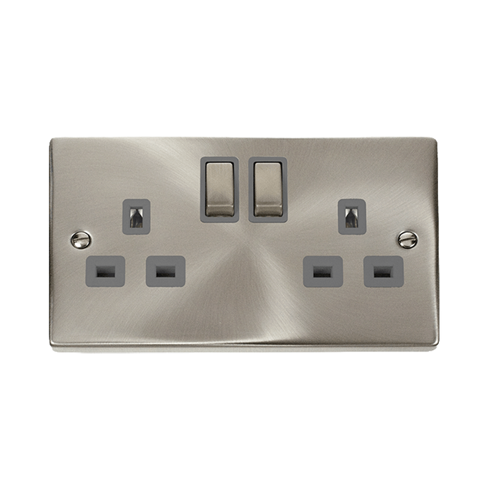 Front view of Click Deco Satin Chrome 13A Double Socket