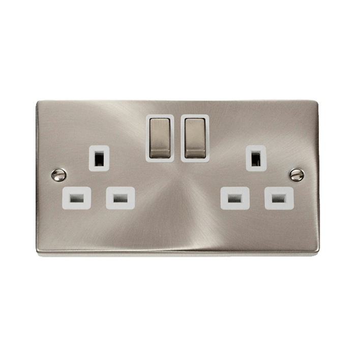 Front view of Click Deco Satin Chrome 13A Double Socket